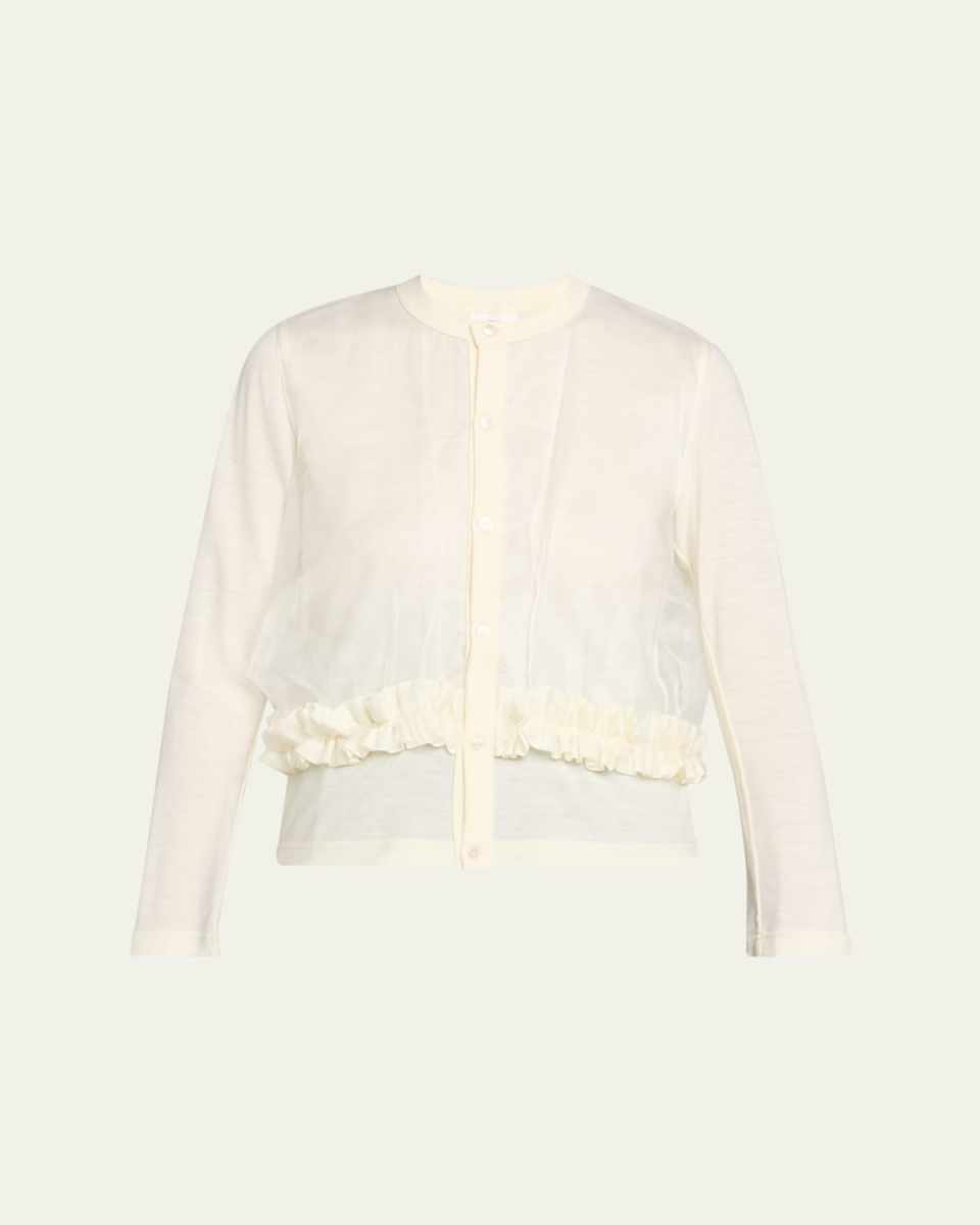 Ruffle Mixed-Media Crewneck Cardigan